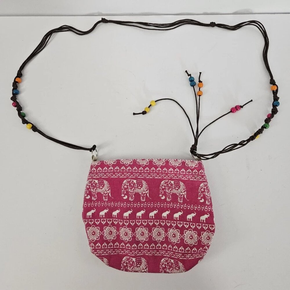 Casual BOHO Pink & White Shoulder Bag with Elephants and Colored Wooden Beads